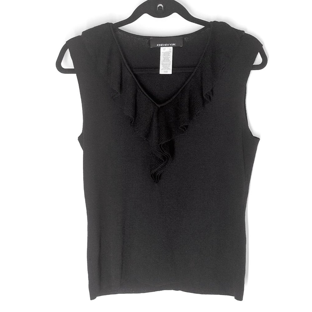 Jones New York black sleeveless v-neck ruffle knit top L tank rayon
